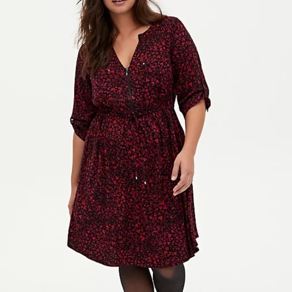 Torrid Heart Challis Zip Front Shirtdress in Red Black Size 3X - Picture 1 of 9